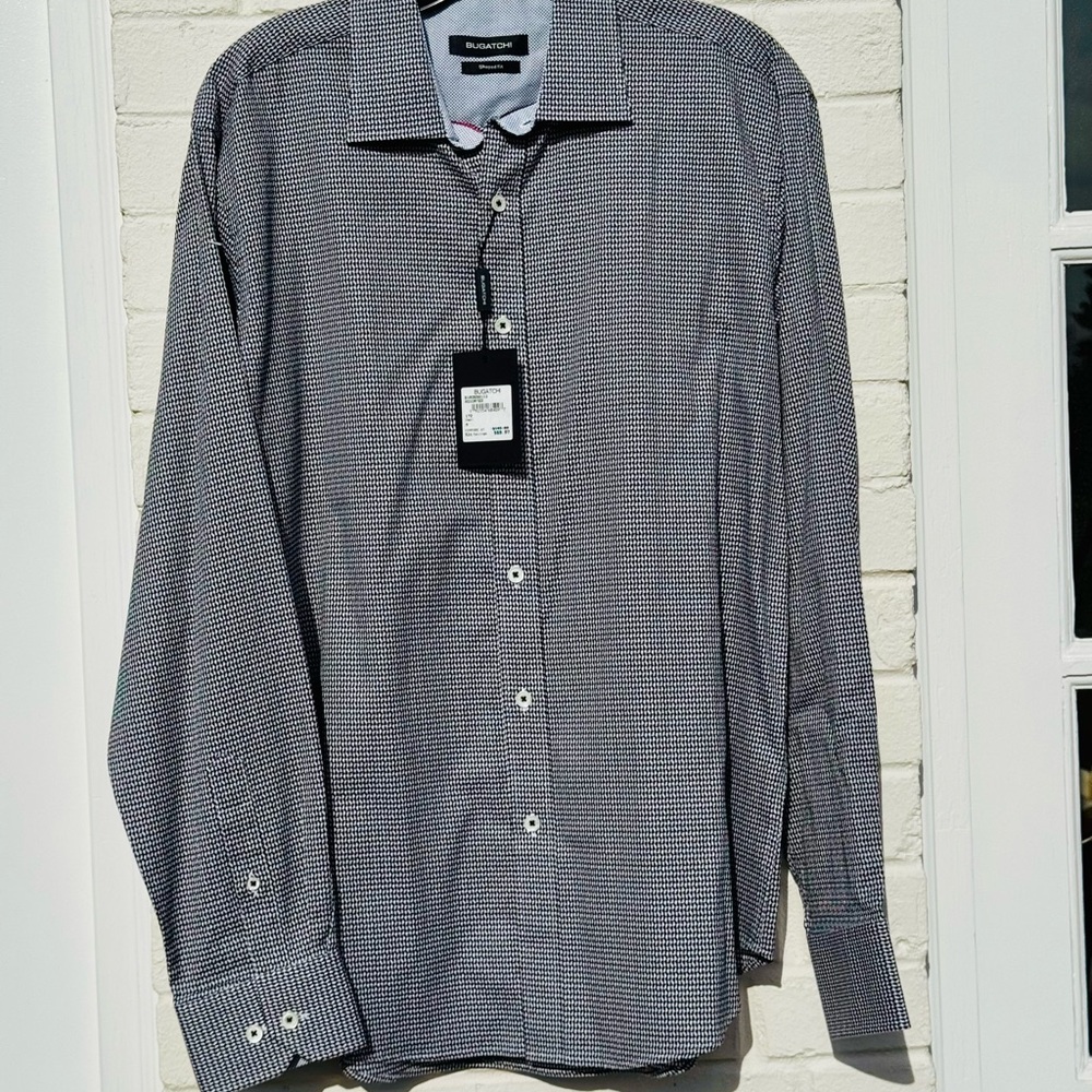 Bugatchi Black and White Dress Shirt with Pointed Collar size L